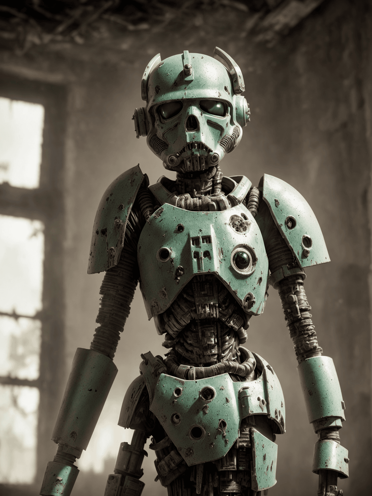 AI generated: A haunting scene of a zombie Stormtrooper| decayed armor| eerie green (glowing eyes:1. 2)| Staggerin...