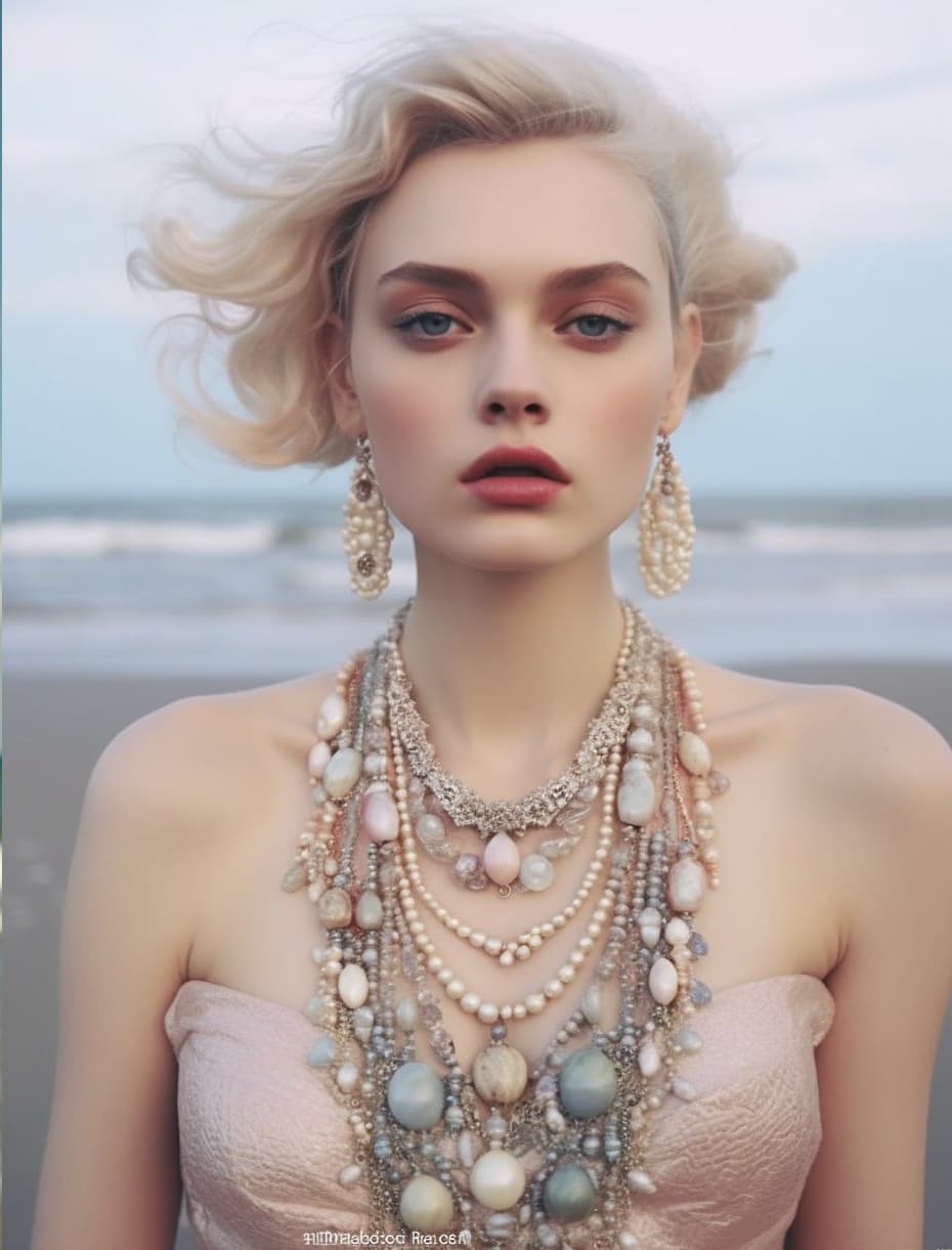 AI generated: a woman standing on top of a beach next to the ocean, by Rebecca Horn, tumblr, pop surrealism, beaut...