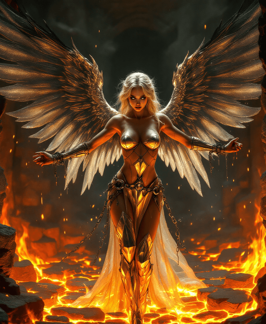 AI generated: A photorealistic picture of a beautiful blonde angel ((standing)) in a pit of fire, her blackend and...