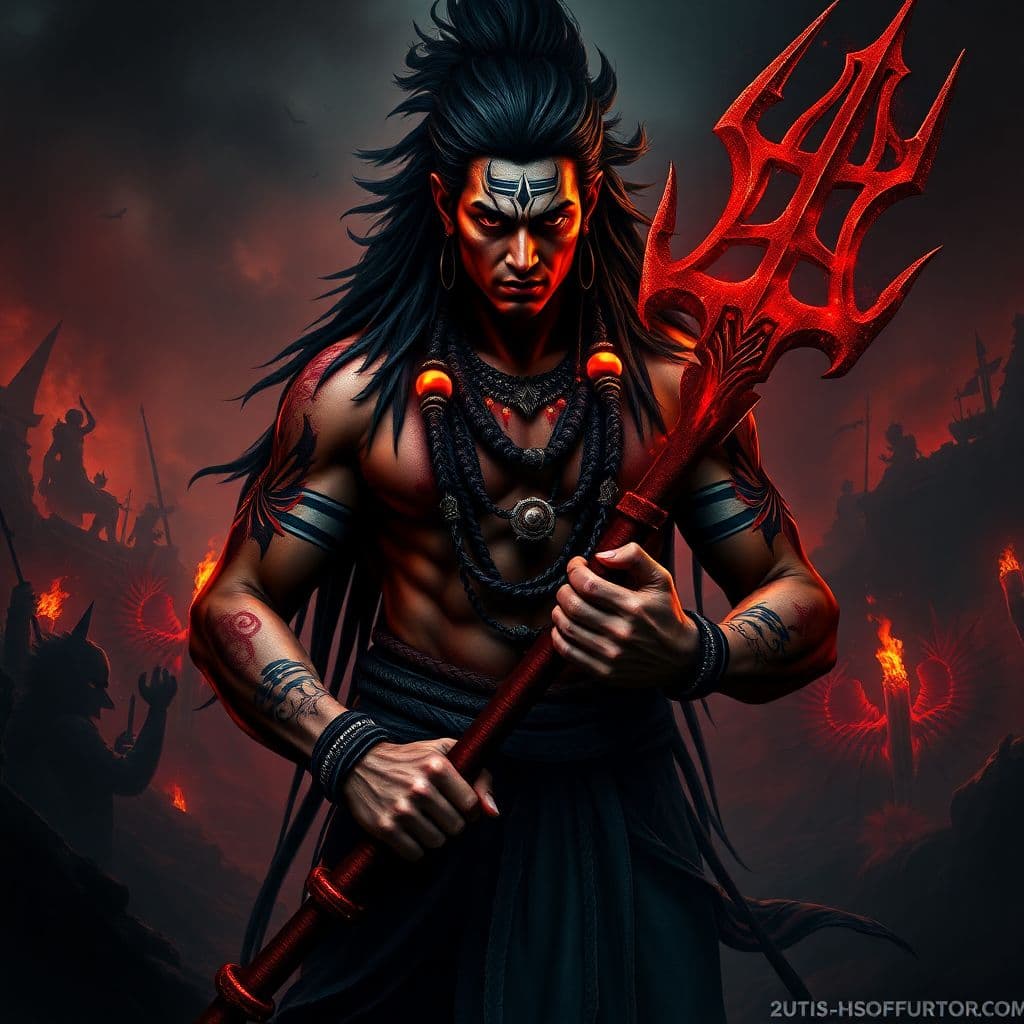 AI generated: An ultra-realistic, full-body portrait of a blood-soaked Lord Shiva Muscular Body Holding Giant mass...