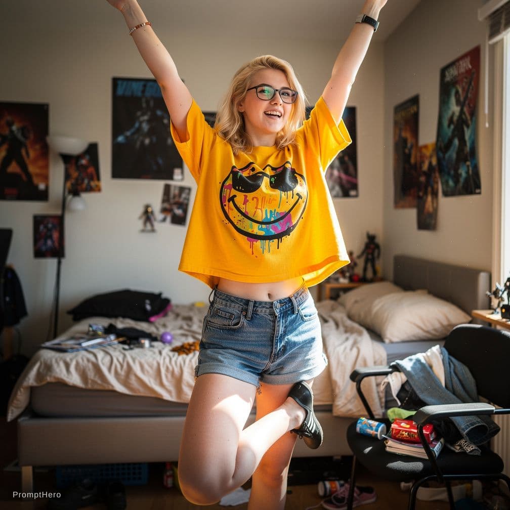 AI generated: A young woman striking a confident pose indoors, with hands high like trying to reach the ceiling st...