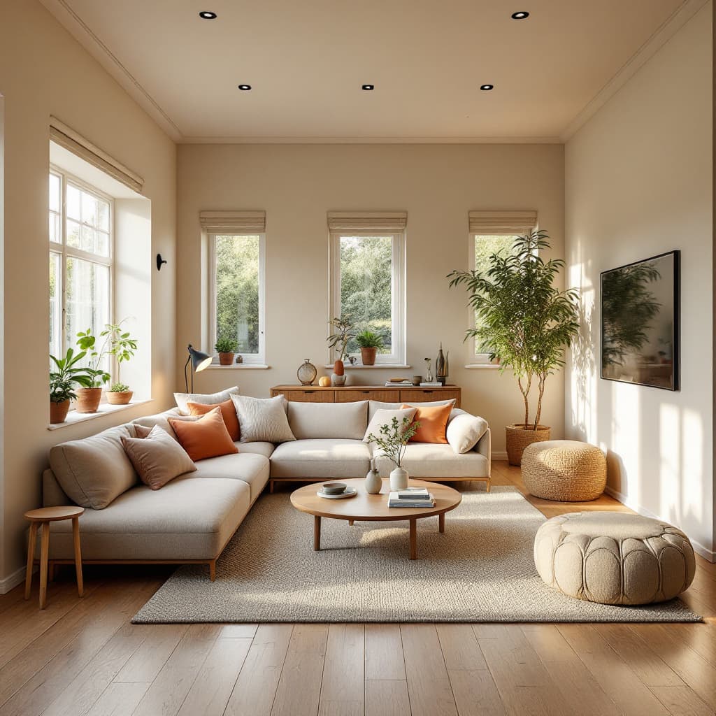 AI generated: High resolution photography interior design, dreamy sunken living room conversation pit, wooden floo...