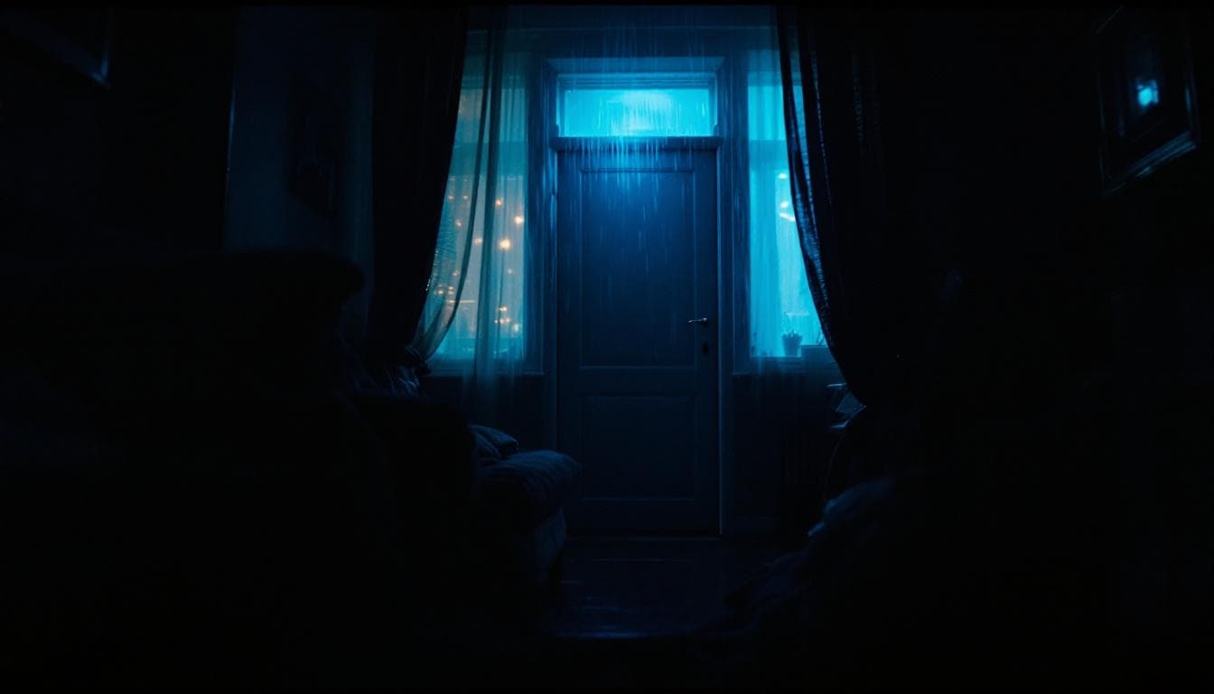 AI generated: Cinematic, ultra-realistic POV shot inside a small Berlin apartment at night. Very low, moody lighti...