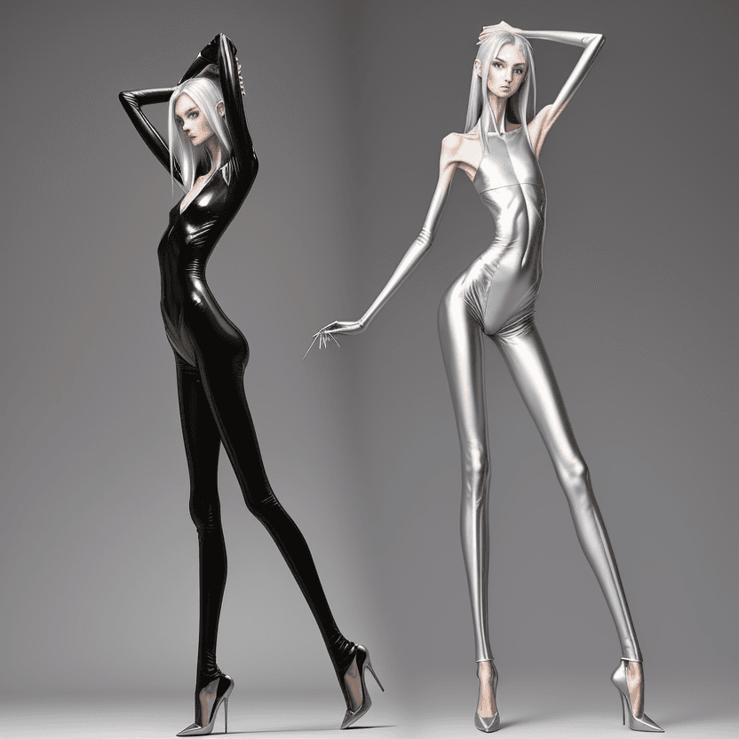 AI generated: photo of an extremely skinny, flat-chested model with extreme long and skinny legs with extreme long...