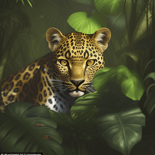 AI generated: A beautiful tropical forest full of vegetation, you can see a leopard peeking through the large leav...