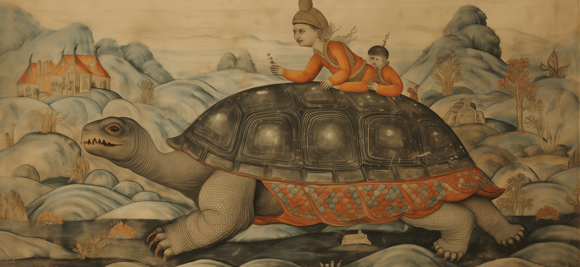 AI generated: A monkey riding on the back of an enormous turtle, in the style of Indian miniature painting. --ar 1...