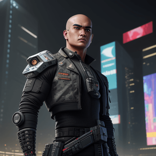 AI generated: (masterpiece, best quality, detailed)), outdoor arena, wind_lift, khairy jamaluddin as cyberpunk sol...