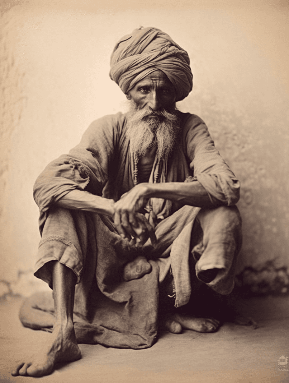 AI generated: old photo of an indian man in a turban with his legs raised, in the style of disfigured forms, conte...