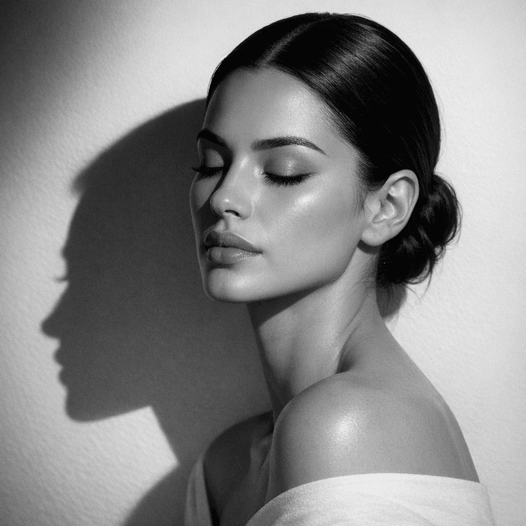 AI generated: a black and white photo of a woman with shadow., in the style of minimalist beauty, light bronze and...