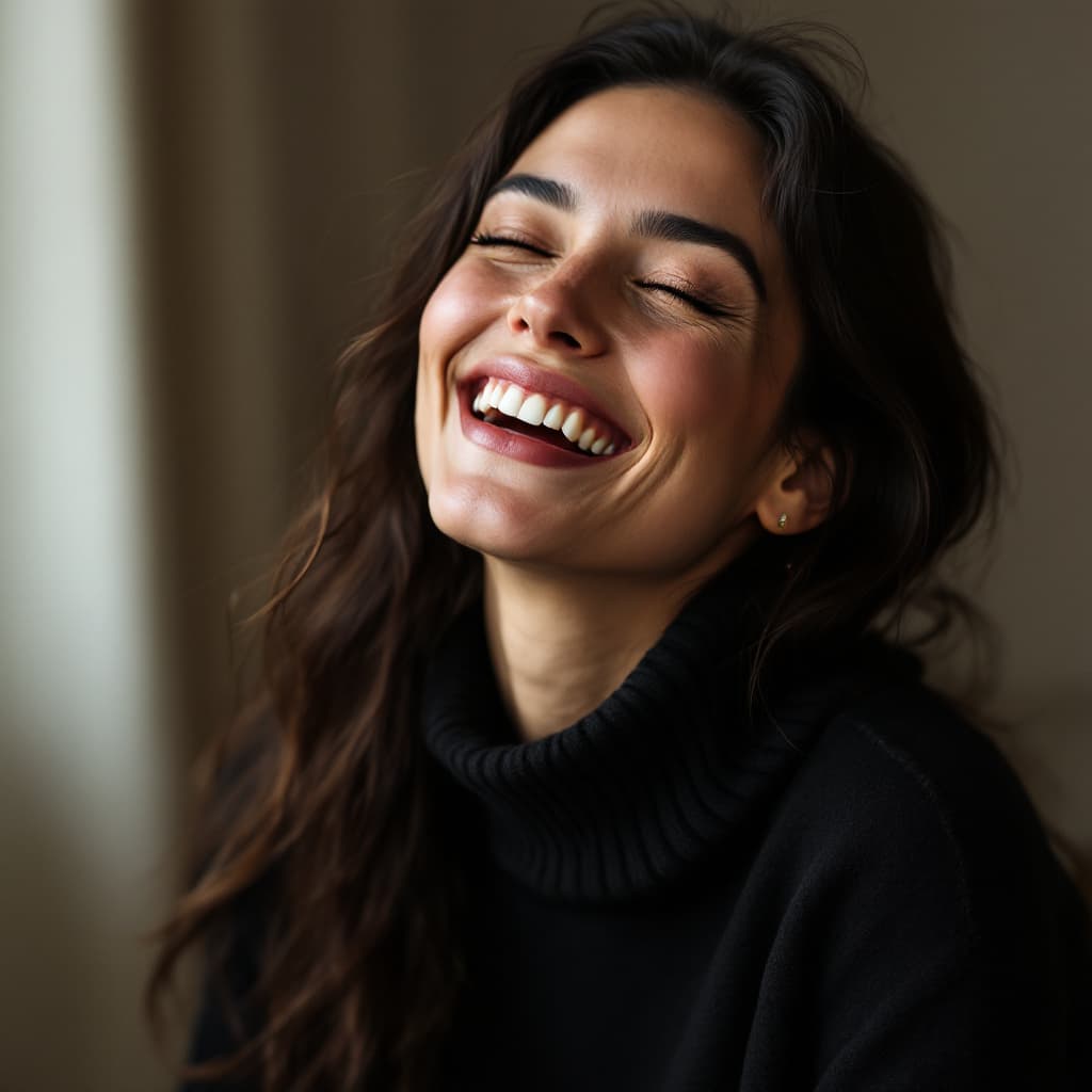 AI generated: Portrait of a smiling woman in three-quarter view, eyes closed or looking slightly away, with a big ...