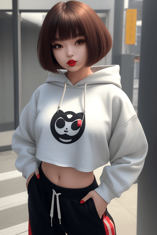 AI generated: 1 girl, beautiful japanese girl, (Cute Loose Bob hair), (wearing a cropped hoodie, capri sweatpants:...
