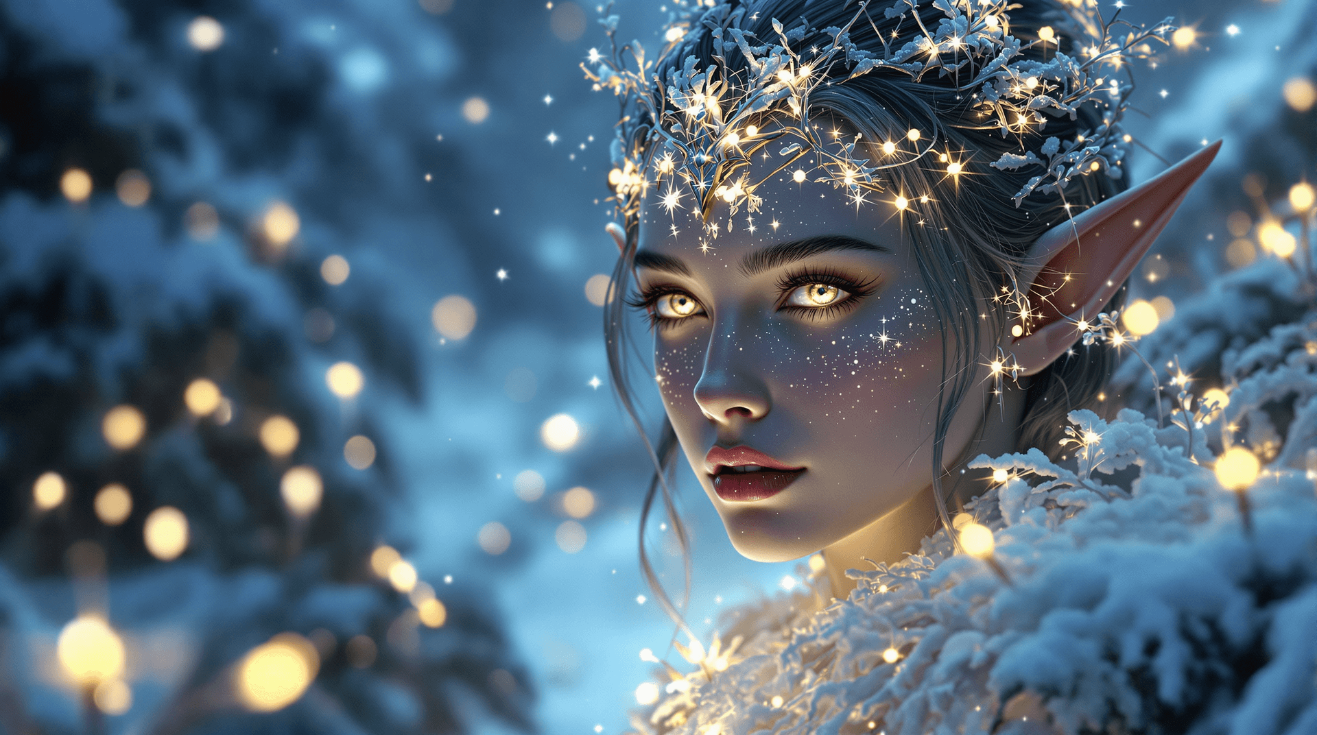 AI generated: A majestic elf face illuminated by the soft glow of luminescent plants, exuding an atmosphere of anc...