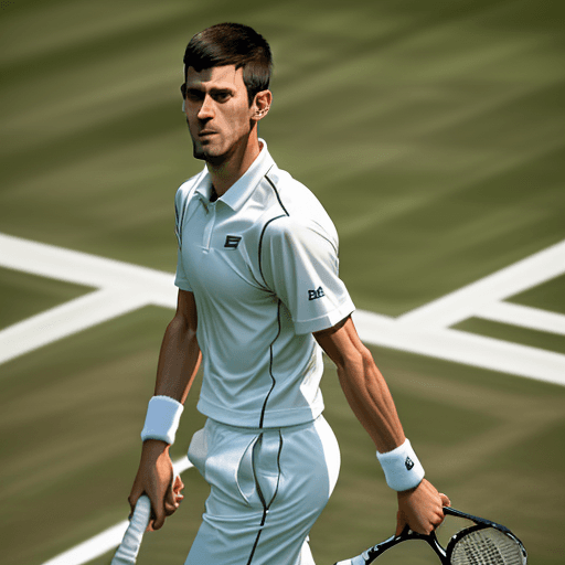 AI generated: Tennis player Novak Djokovic stands on the Center Court at Wimbledon, dressed in a white tennis outf...