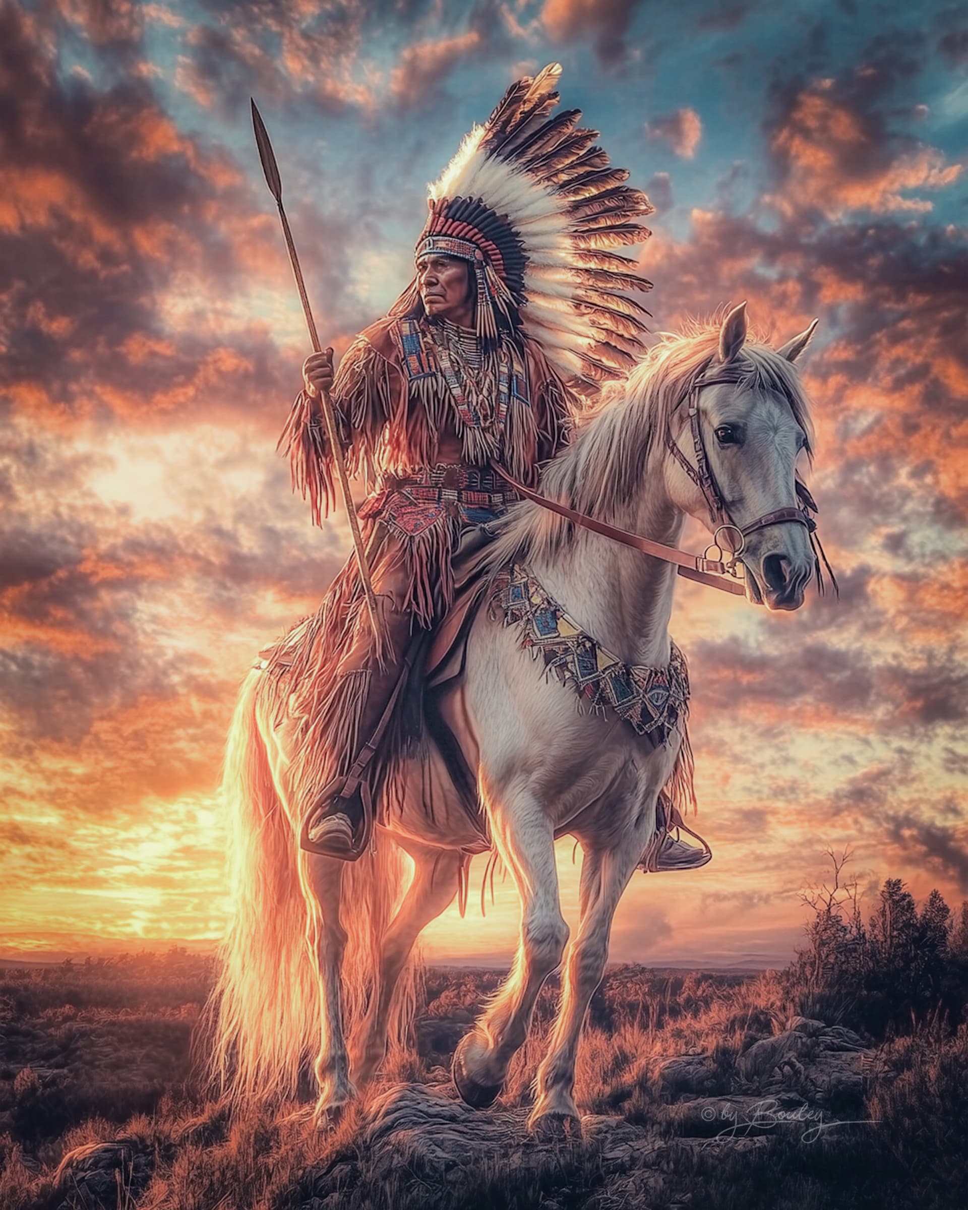AI generated: a Native American Indian chief on horse, wearing traditional clothing and headdress, holding a spear...