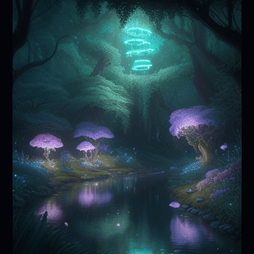 AI generated: beautiful and immersive magical park, magical flowers, bioluminescent forest surrounding, gentle riv...