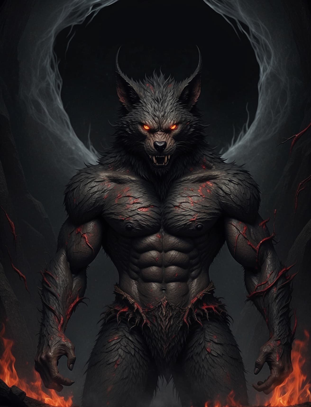 AI generated: "Create a chilling image of an evil werewolf emerging from the depths of hell. The werewolf is a gro...