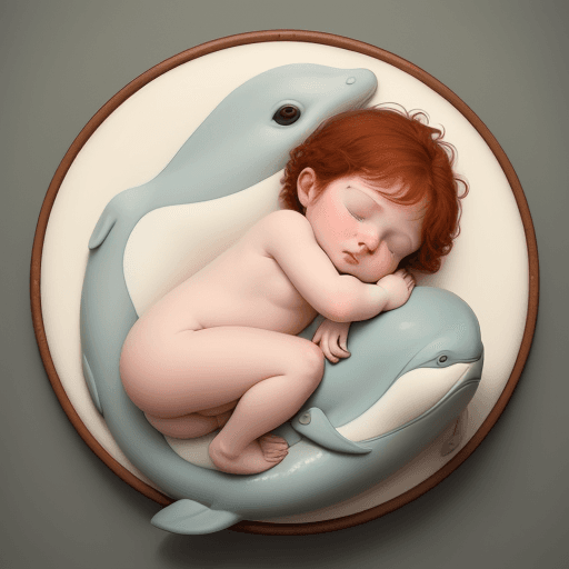 AI generated: A tender baby with soft reddish hair, asleep on a whale traveling over the sea, in the style of Feli...