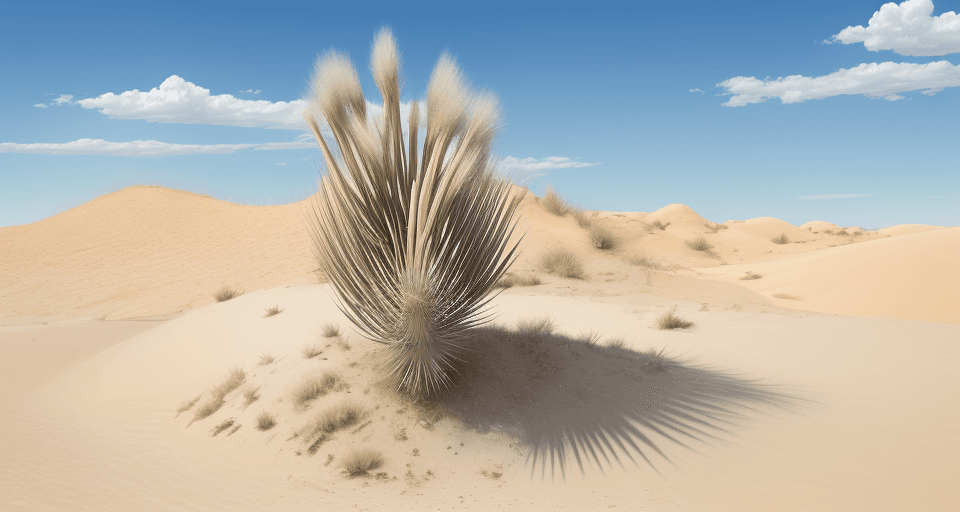 AI generated: 
hyperrealistic photo of a dry yucca elata, in dunes, blue sky, few clouds