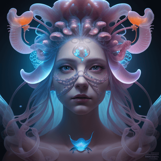 AI generated: Goddess close-up portrait ribcagel. jellyfish phoenix head, nautilus, orchid, skull, betta fish, bio...