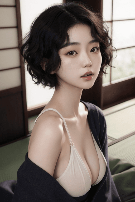 AI generated: portrait of a beautiful japanese woman, short curly hair, melancholic, 22 years old, bit seeing boob...