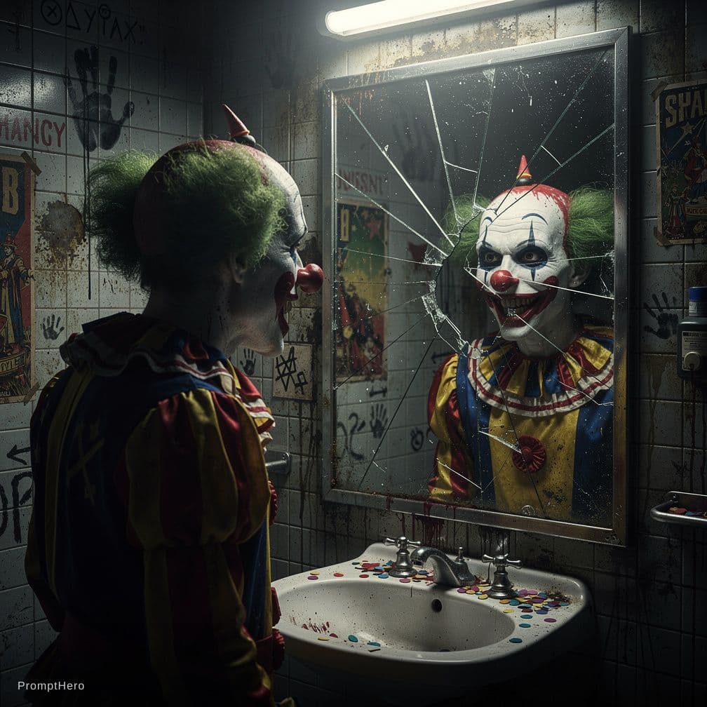 AI generated: a perverse clown looks at himself in a broken mirror, in the style of Christopher Nolan, in dynamic,...