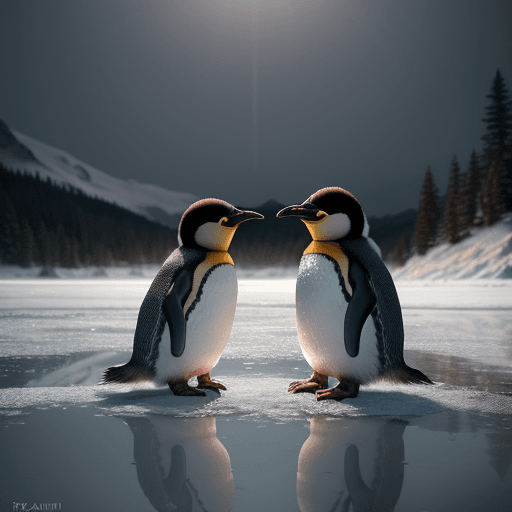 AI generated: pair of magical young penguins by a frozen lake, looking at the earth, reflection on lake, realistic...