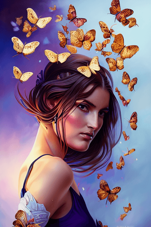 AI generated: portrait of woman, enlightend compassionate, empathetic, confident, unique woman made of butterflies...