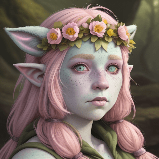 AI generated: Firbolg, female, pastel colors, druid, hyper realism, high Detail, freckles, dungeons and dragons, h...