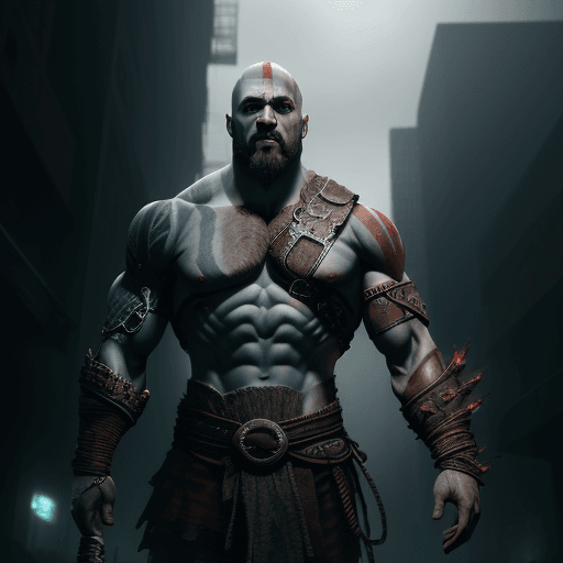AI generated: Kratos from God of War (2018) as a cyborg :: Cyberpunk Adam Smasher, volumetric fog, perfect composi...