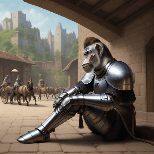AI generated: hyperrealistic knight monkey in the middle age, he is sittin, in the background horses and knights a...