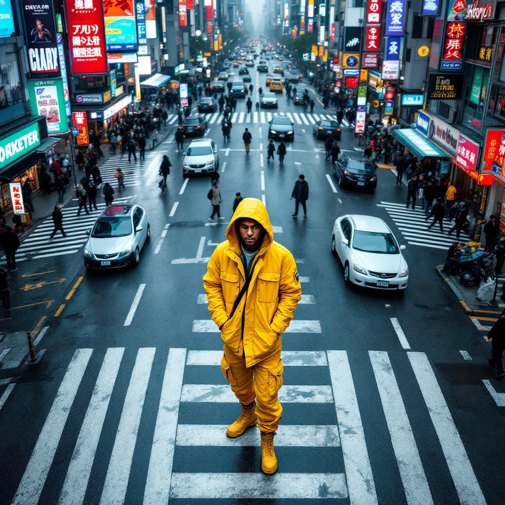 AI generated: Photography, aerial view, professional model, standing on massive a complicated crosswalk center ins...