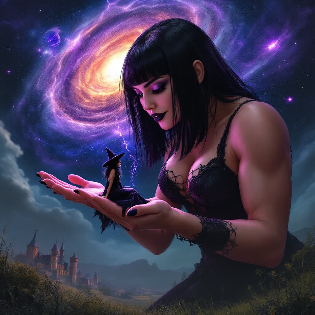 AI generated: enormous giantess female who looks like WWE superstar 
 Rhea Ripley with black medium length hair an...