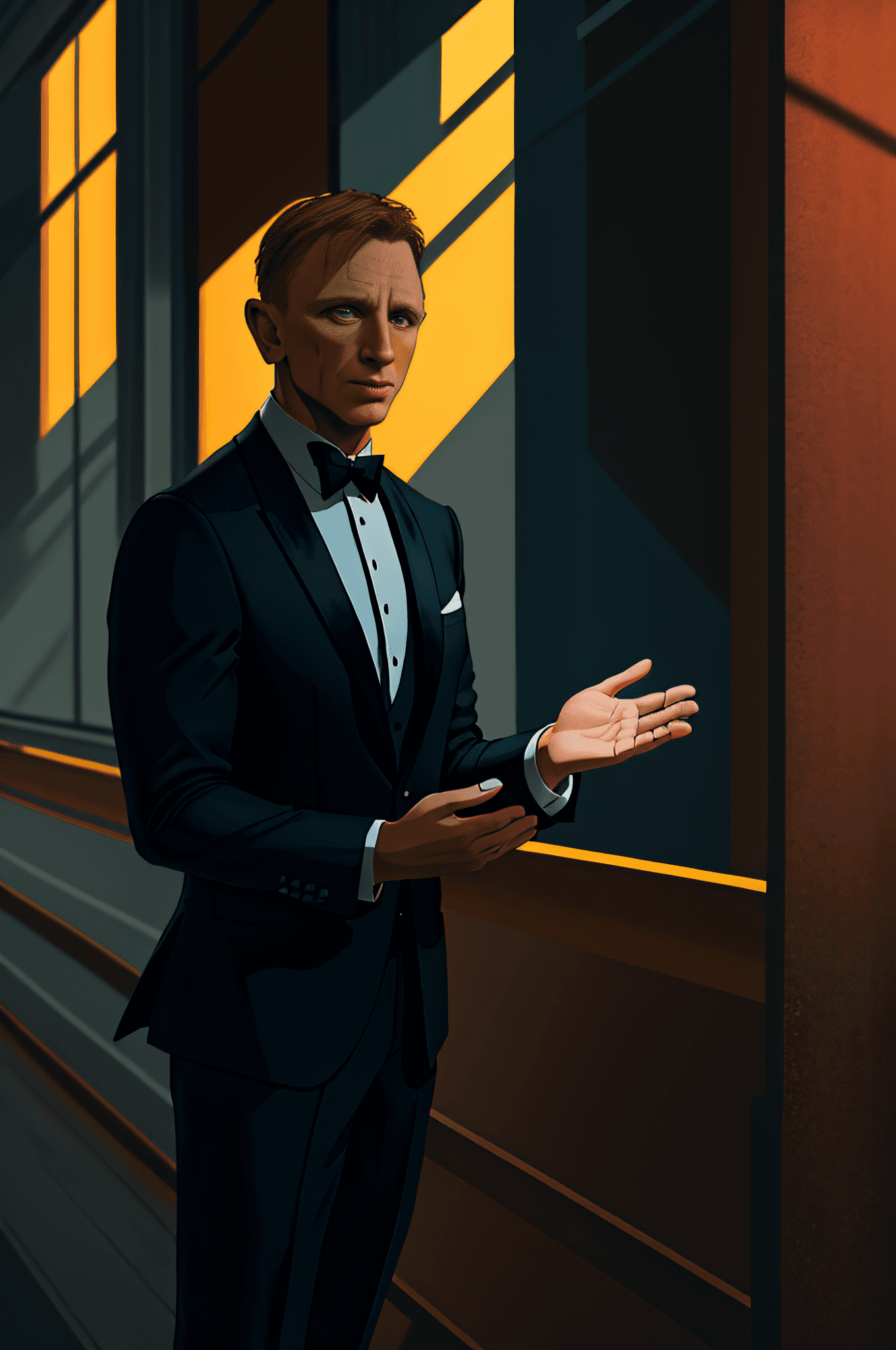 AI generated: (comic style poster:0.5),(realistic:0.75), (high angle:0.15), man 007danielcraig wearing a tuxedo, i...