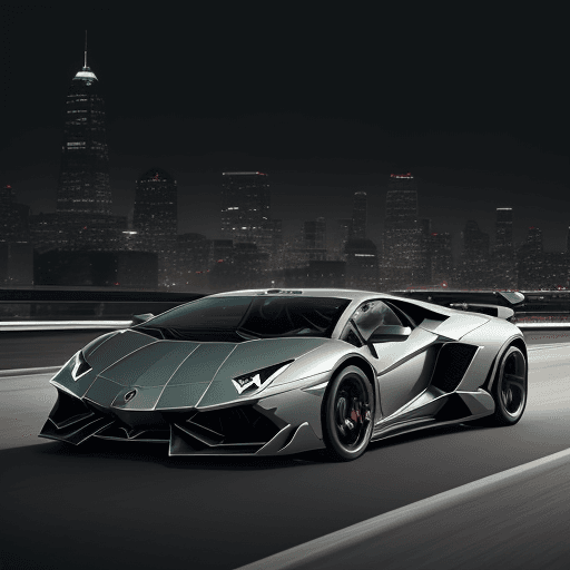 AI generated: professional photo of Lamborghini sports car in motion, tuned, need for speed, shiny metal, city in ...