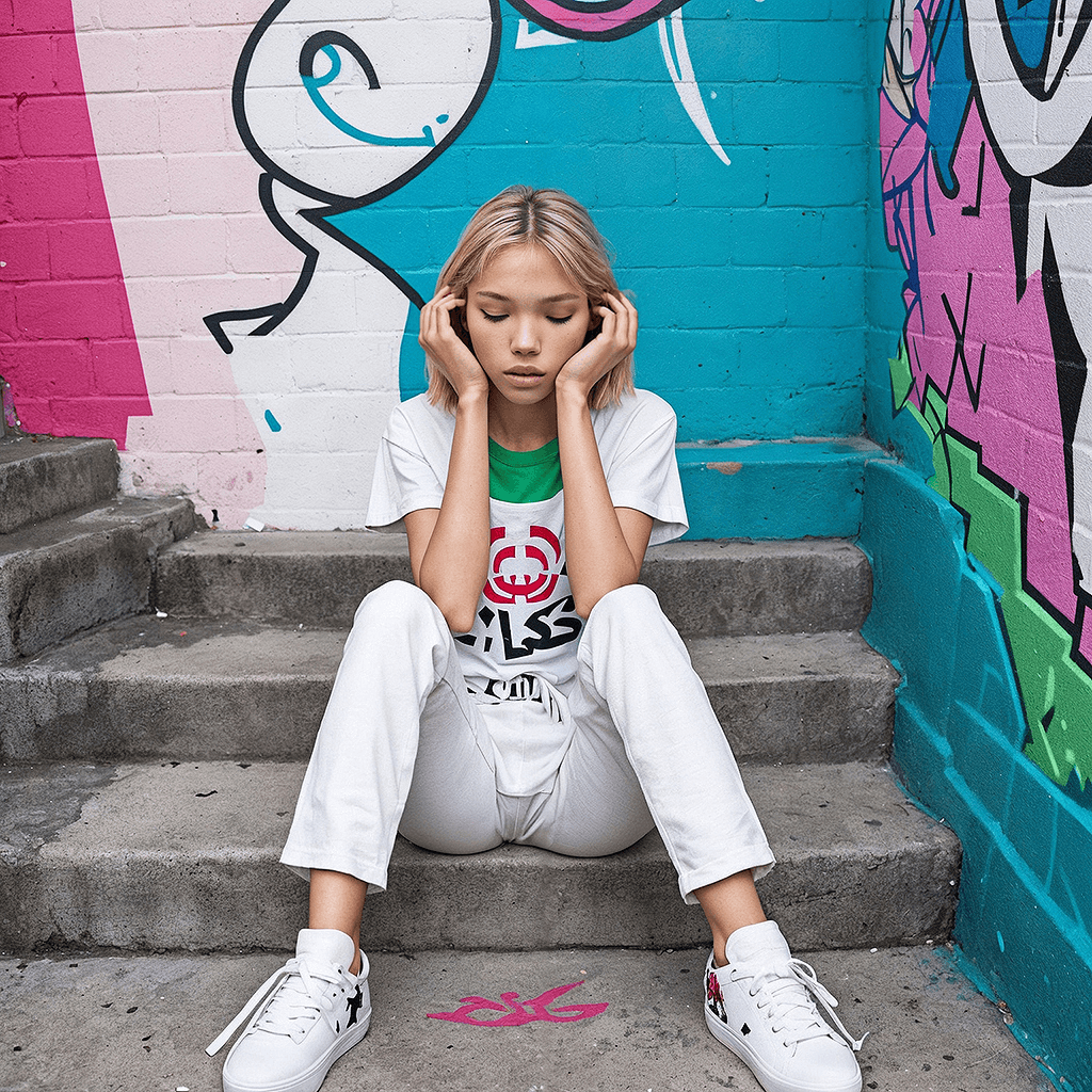 AI generated: graffiti style A [woman:sasha luss:0.23] sits on a set of stairs with her legs curled up and her han...