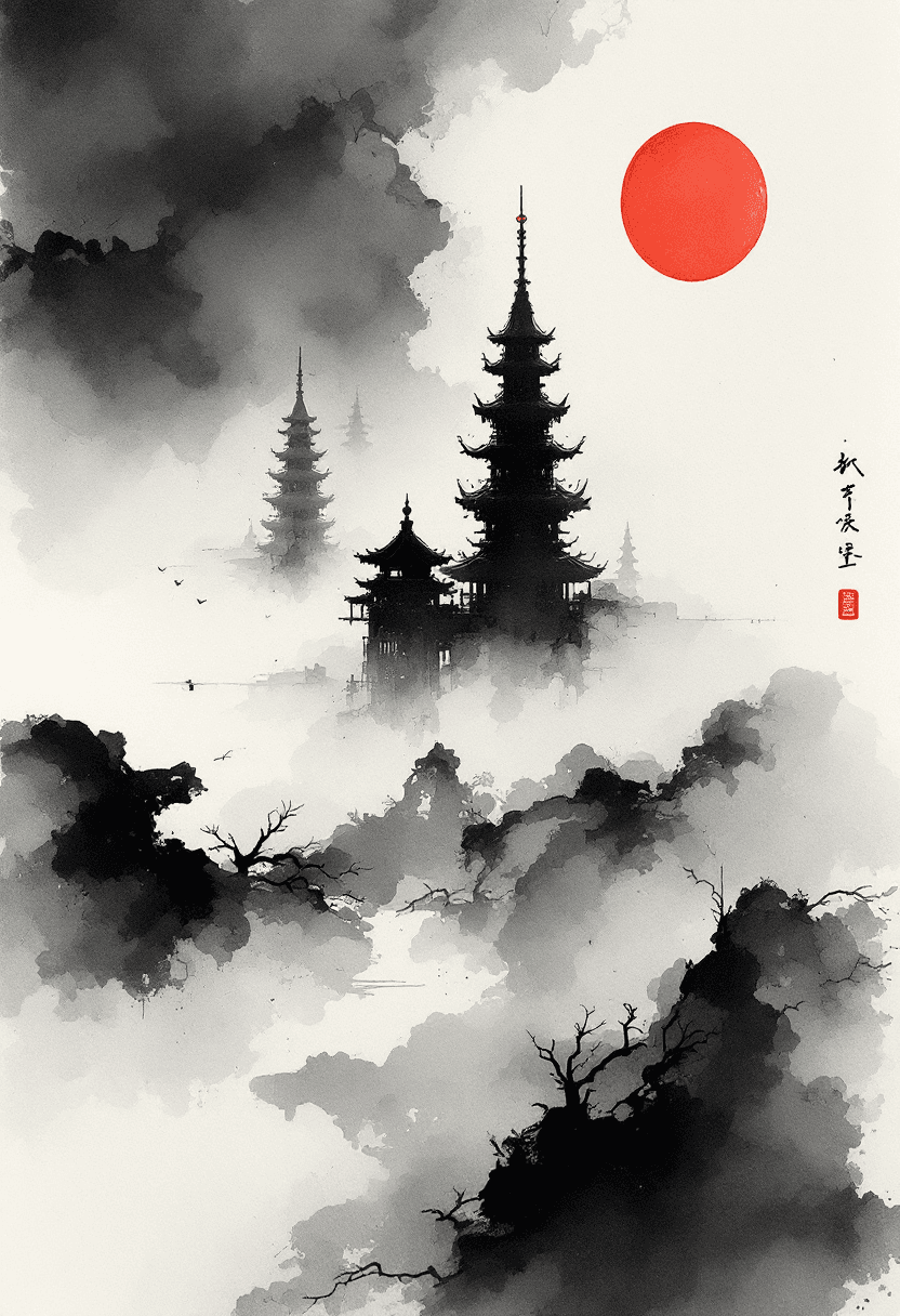 AI generated: Abstract ink wash painting, inspired by a serene Asian landscape, flowing black ink, hazy white mist...