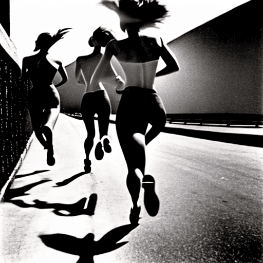 AI generated: Helmut newton photograph of women running, in the style of intense gaze, hauntingly beautiful, richl...