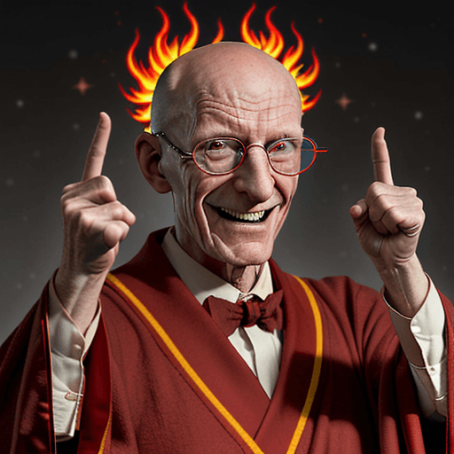 AI generated: professor  Farnsworth, realistic, dressed in red robes covered in mystic symbols stars and moons, ba...