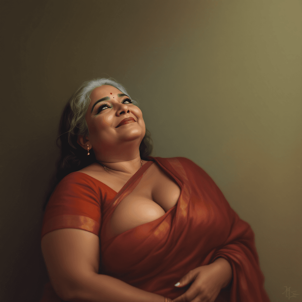 AI generated: A graceful depiction of a mature Indian woman, around 50 years old, embodying sensuality with mild w...