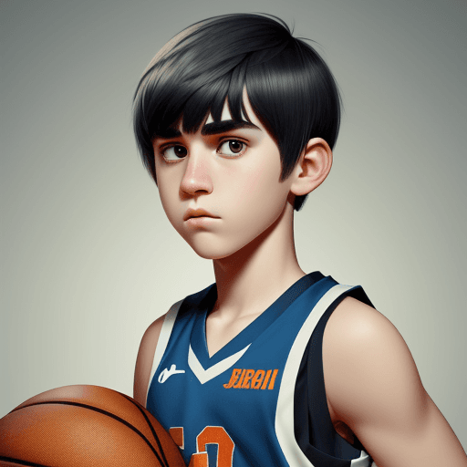 AI generated: pixar like character with cute and modern bowl cut and sharp nose wearing basketball jersey, korean,...