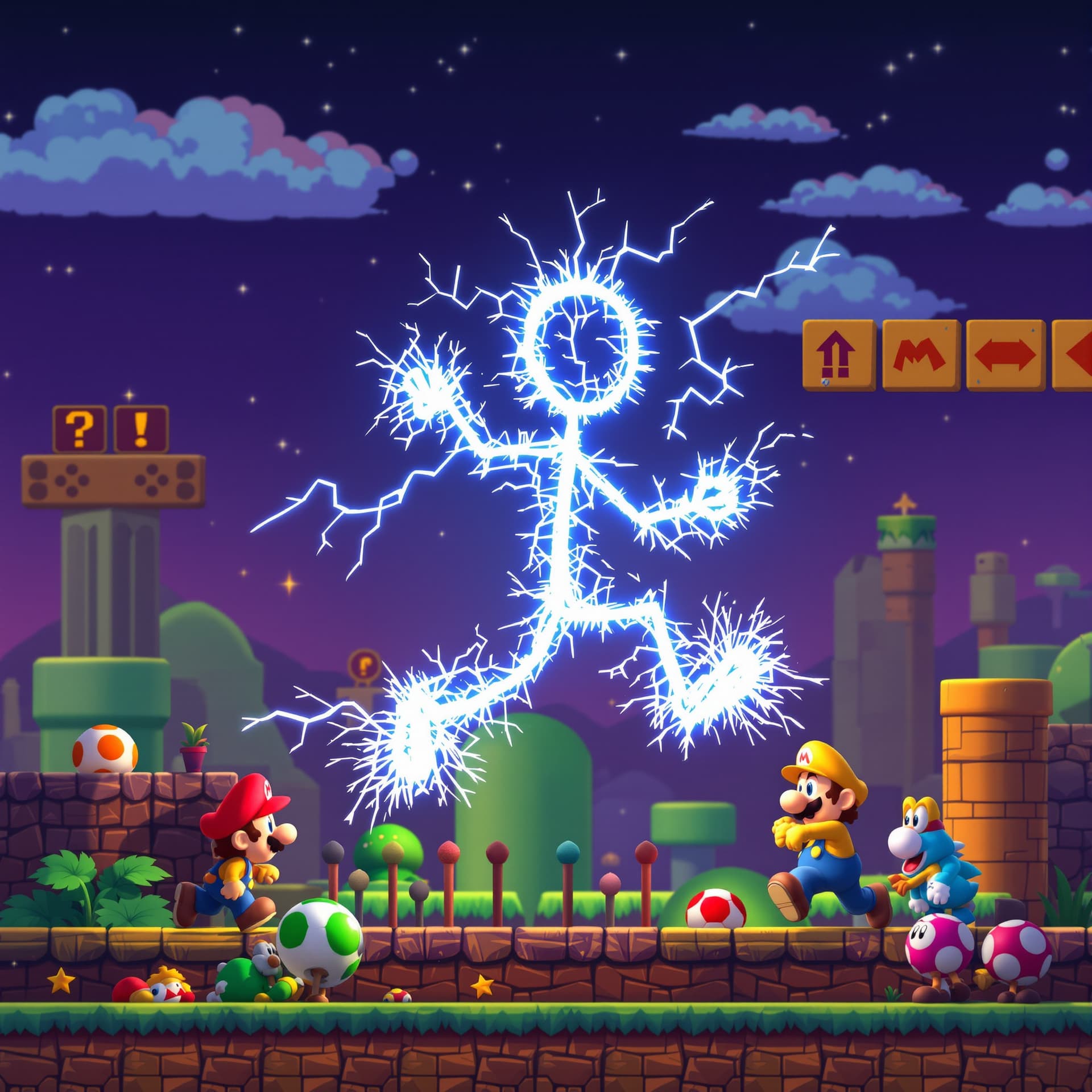 AI generated: a stick man made out of electricity sparks dancing in a mario bothers 2d environment. the background...