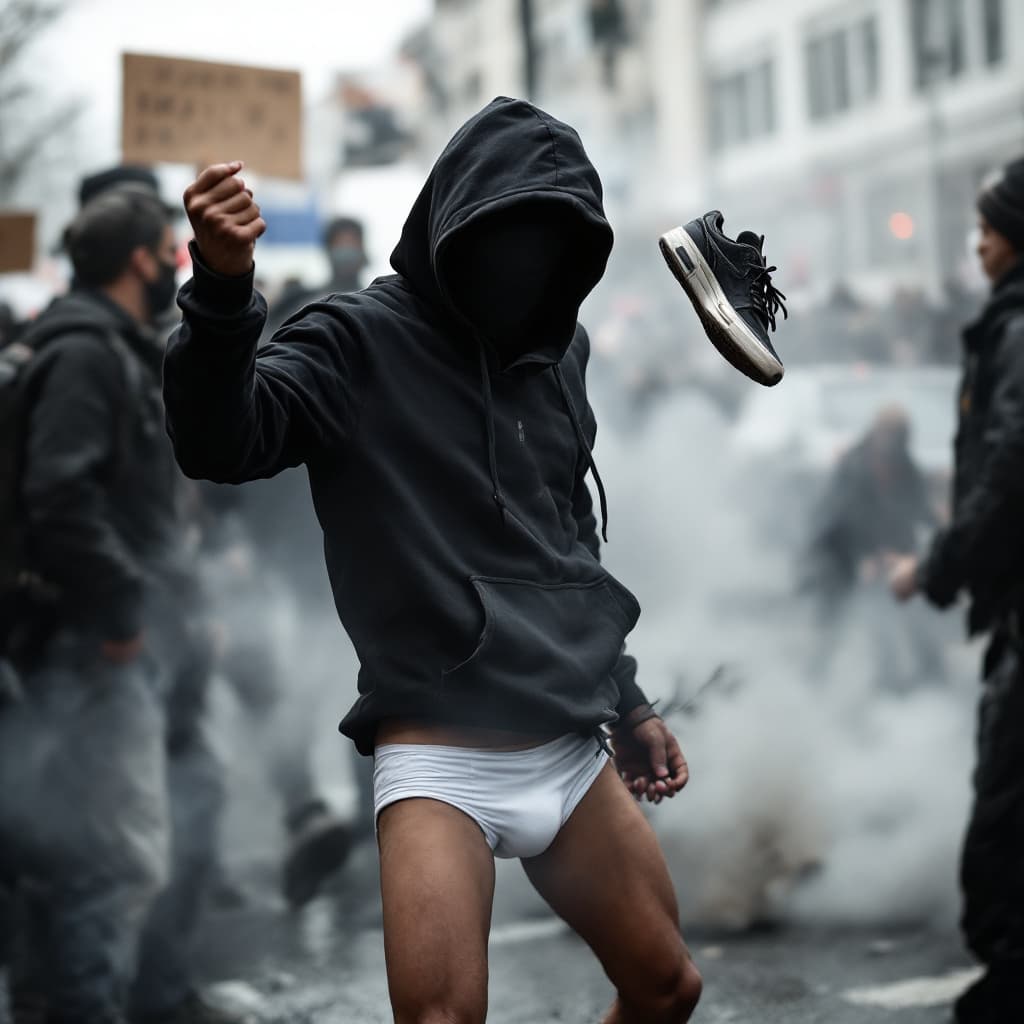 AI generated: High resolution photography of a boy, who is a black block is at a demonstration with his face cover...