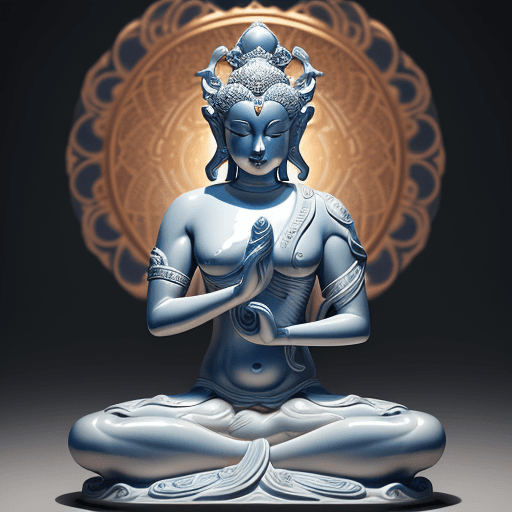 AI generated: A detailed image of the Bodhisattva statue in shiny blue and white porcelain, taken during golden ho...