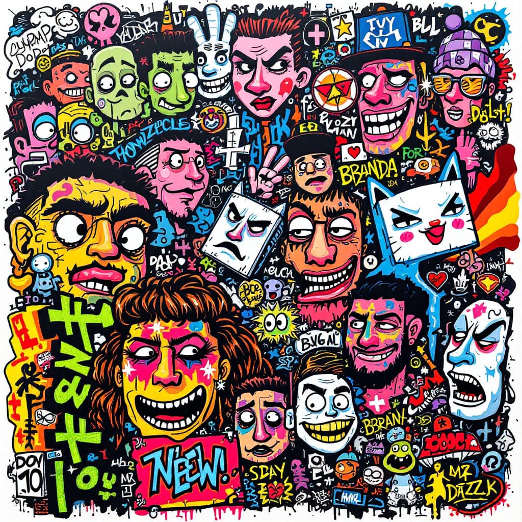 AI generated: An intricate and colorful graffiti-style poster featuring various elements, such as cartoon characte...