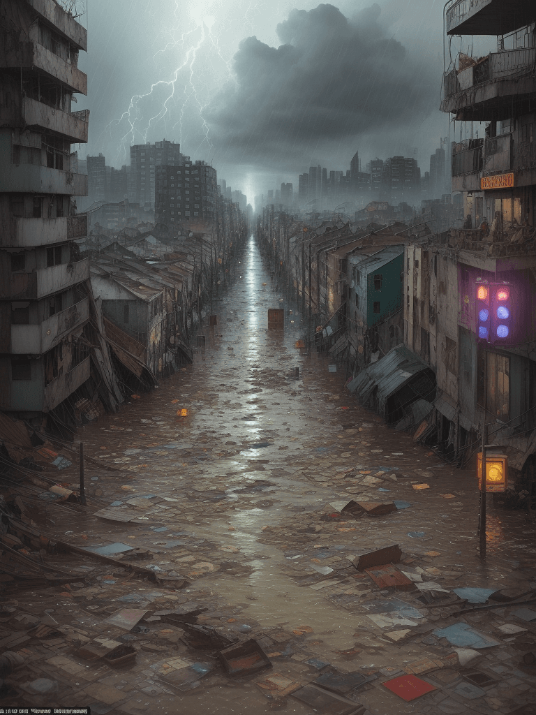 AI generated: A heavy storm and flooding of a slum corner,iconic album covers,flood,
rain,typhon,
litter,intricate...