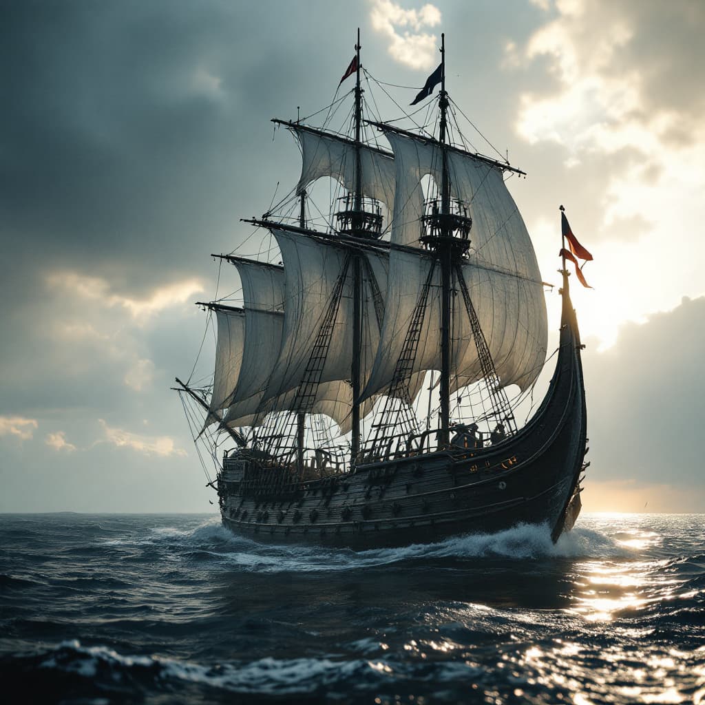 AI generated: Photo of a ultra realistic Viking warship, dramatic light, lighting storm, pale sunrise, cinematic l...
