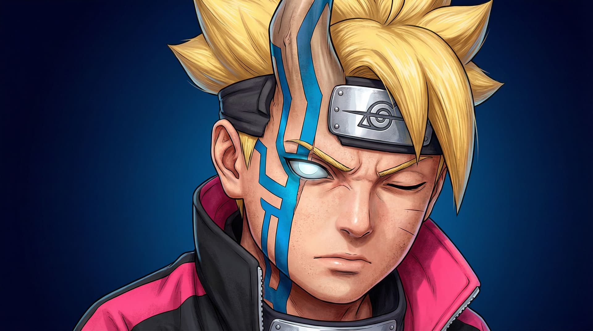 AI generated: boruto, 1boy, right two horns, face right line blue, anime, body details, skin details, left eyes cl...