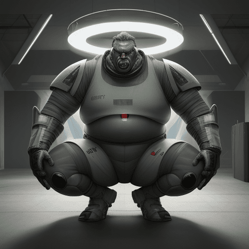 AI generated: sci-fi bild, junger mann, mollig, 130kg, glatze, soldart
