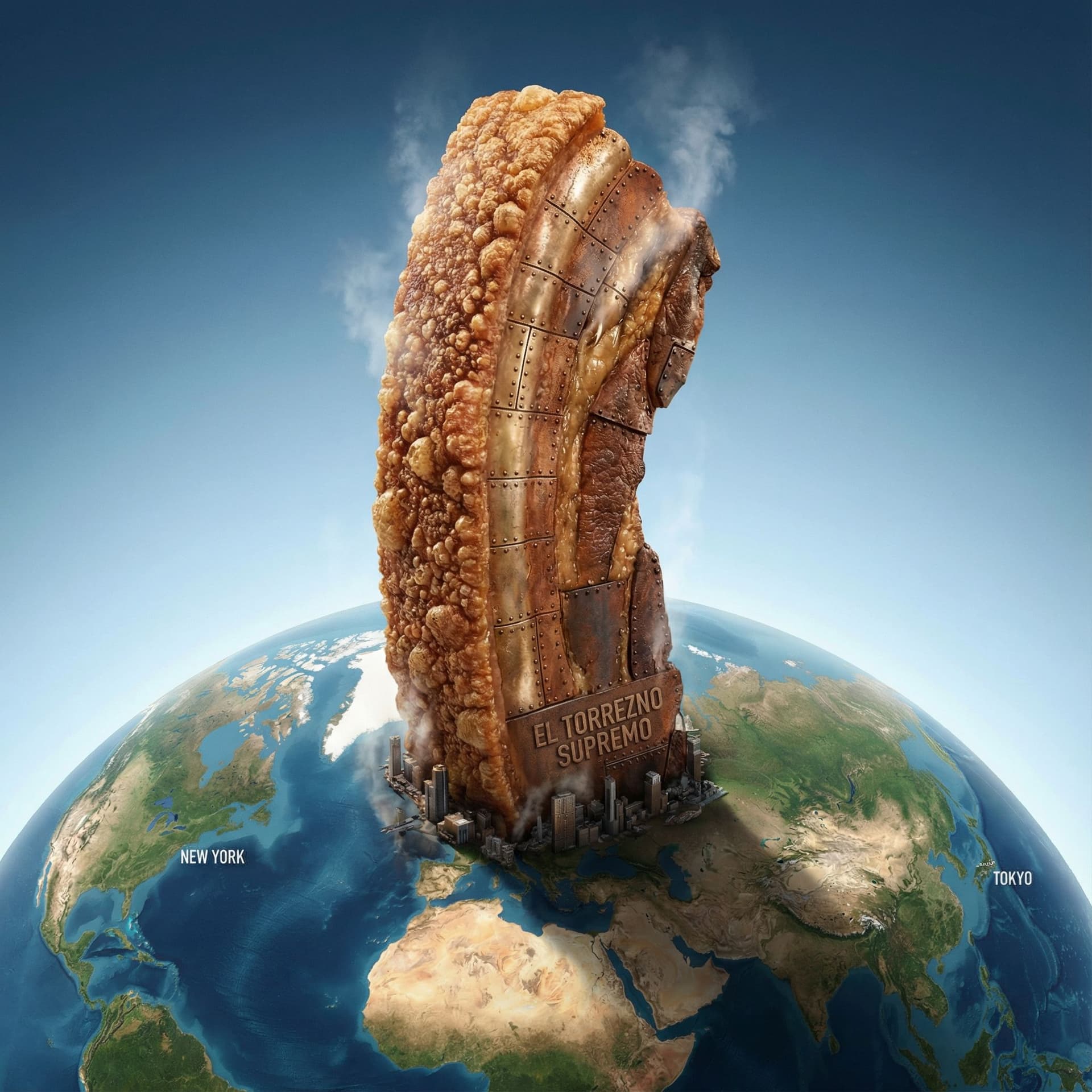 AI generated: un torrezno metalizado y gigante que domina el mundo