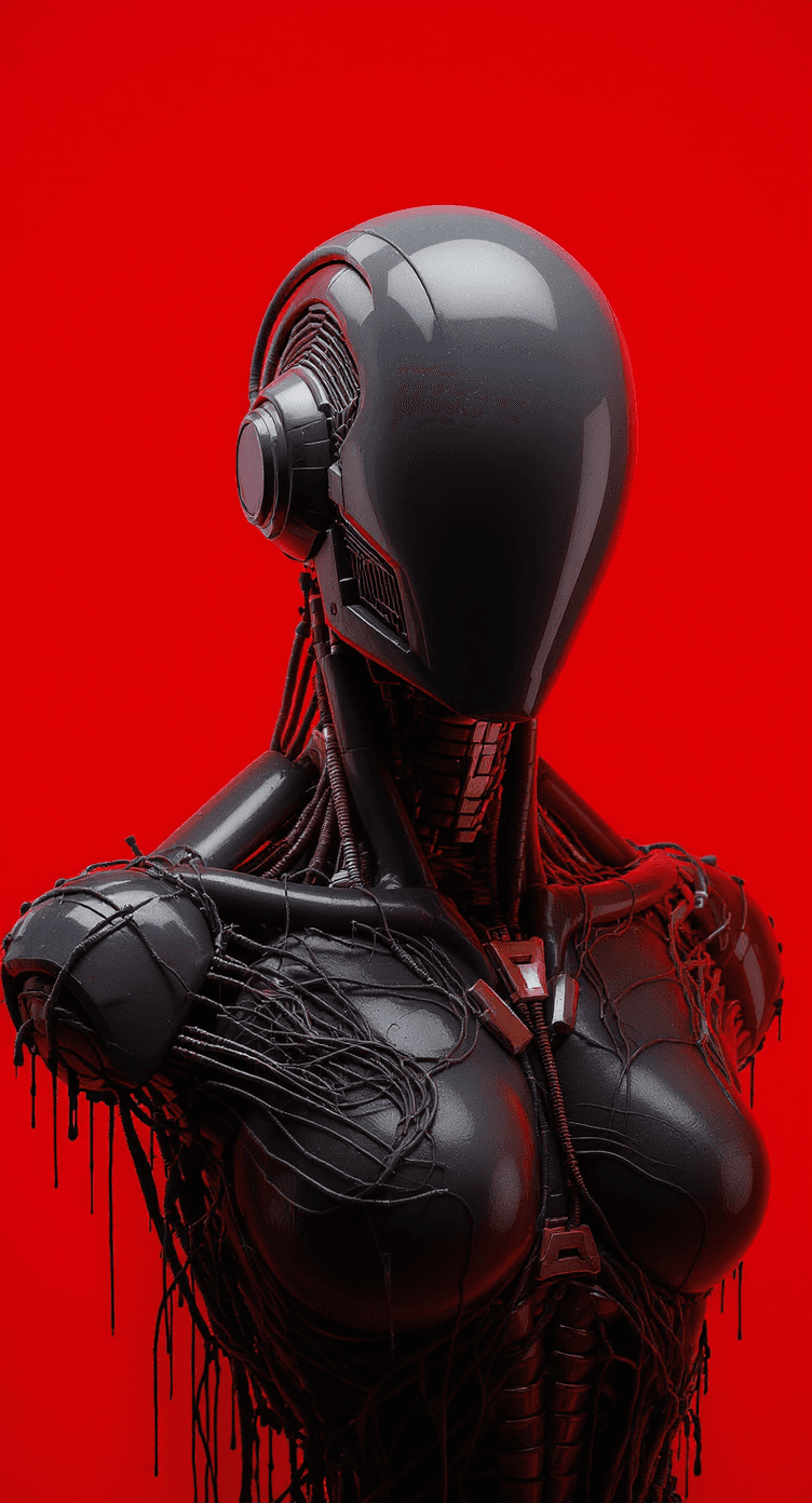 AI generated: Create a vivid image of a central robotic statue against a vibrant, uniform red background. The stat...